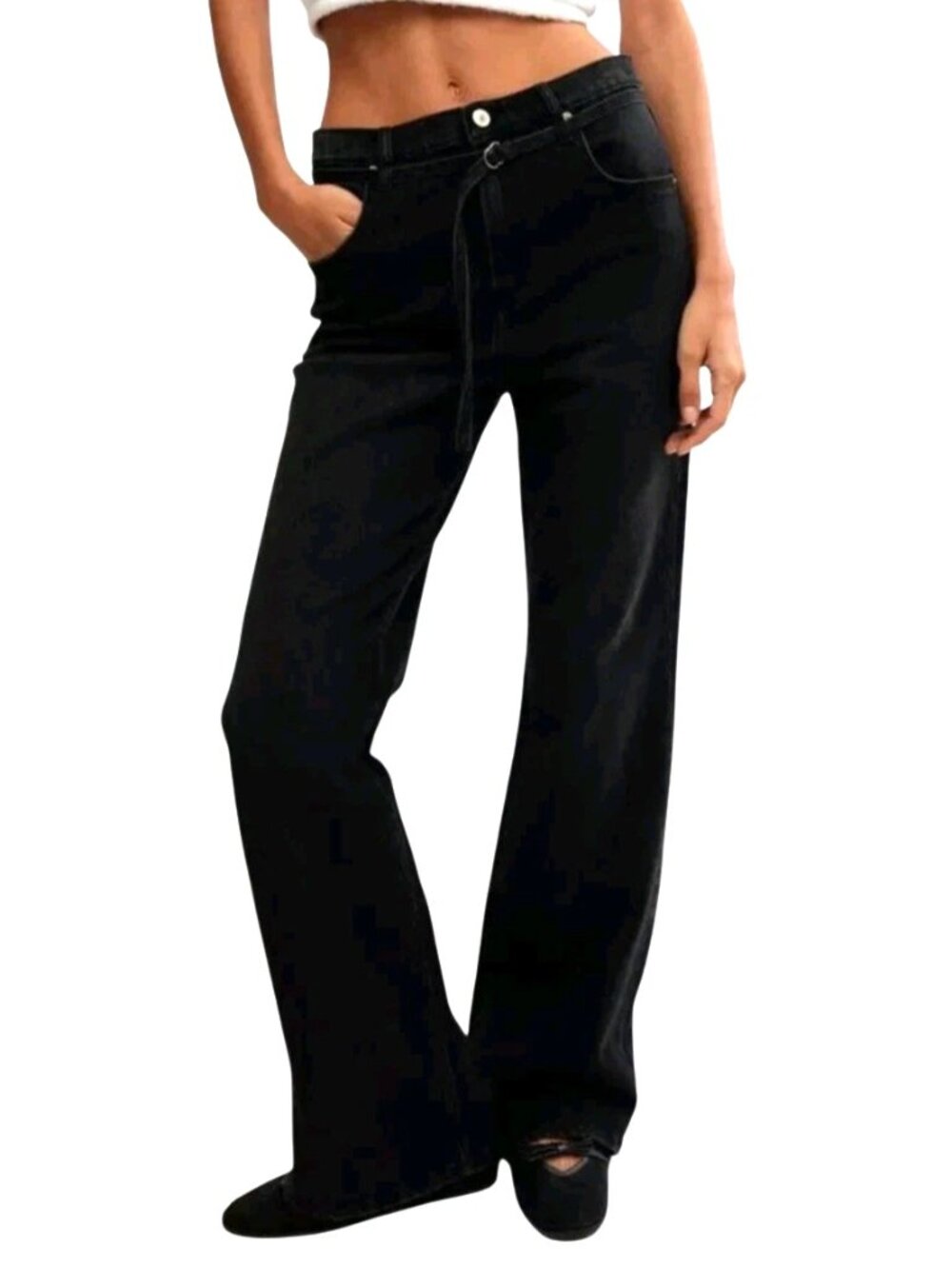 We the Free People Womens Jeans Size 25 Black Belted Sabine Slim Straight A Line